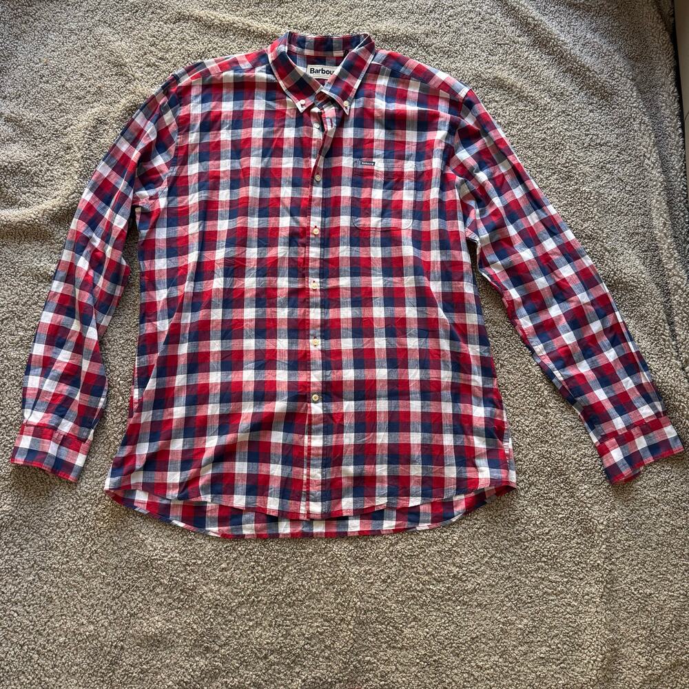 Barbour Men’s Tailored Fit Gingham Button Down Red Blue White US Size XL